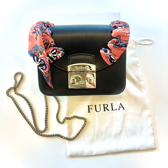 FURLA Metropolis black leather crossbody bag with woven exchangeable silk scarf - Picture 1 of 9